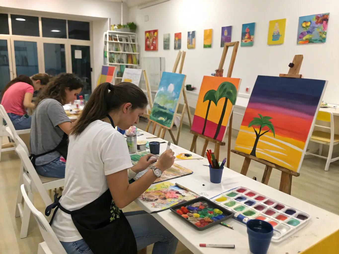 A photograph of participants in an AMICALE DE CORME ROYAL-organized art workshop, focusing on painting and creative expression, showcasing artistic skill development and personal enrichment.