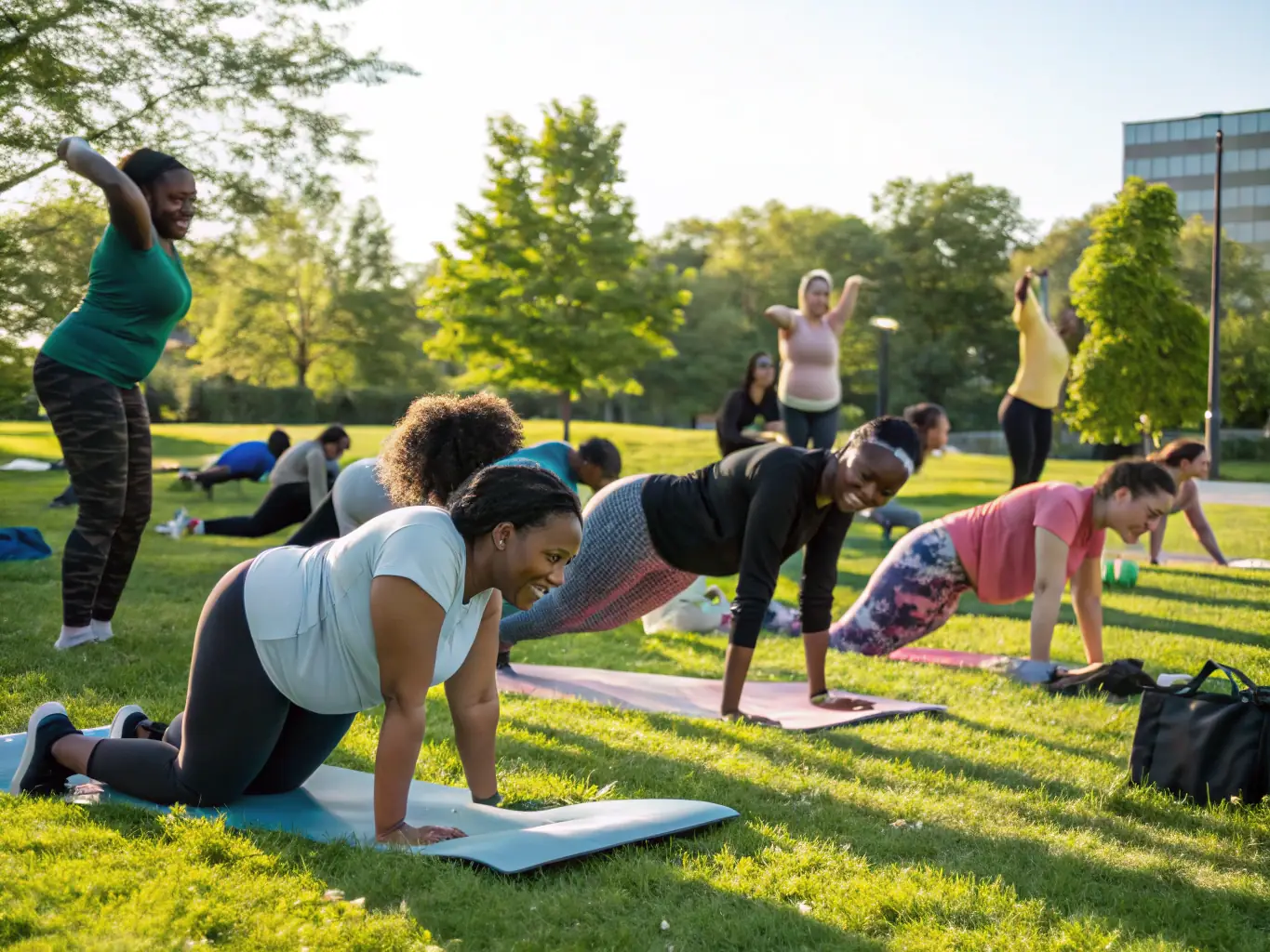 A group of diverse community members participating in a fitness class outdoors, showcasing the physical well-being aspect of AMICALE DE CORME ROYAL's programs.