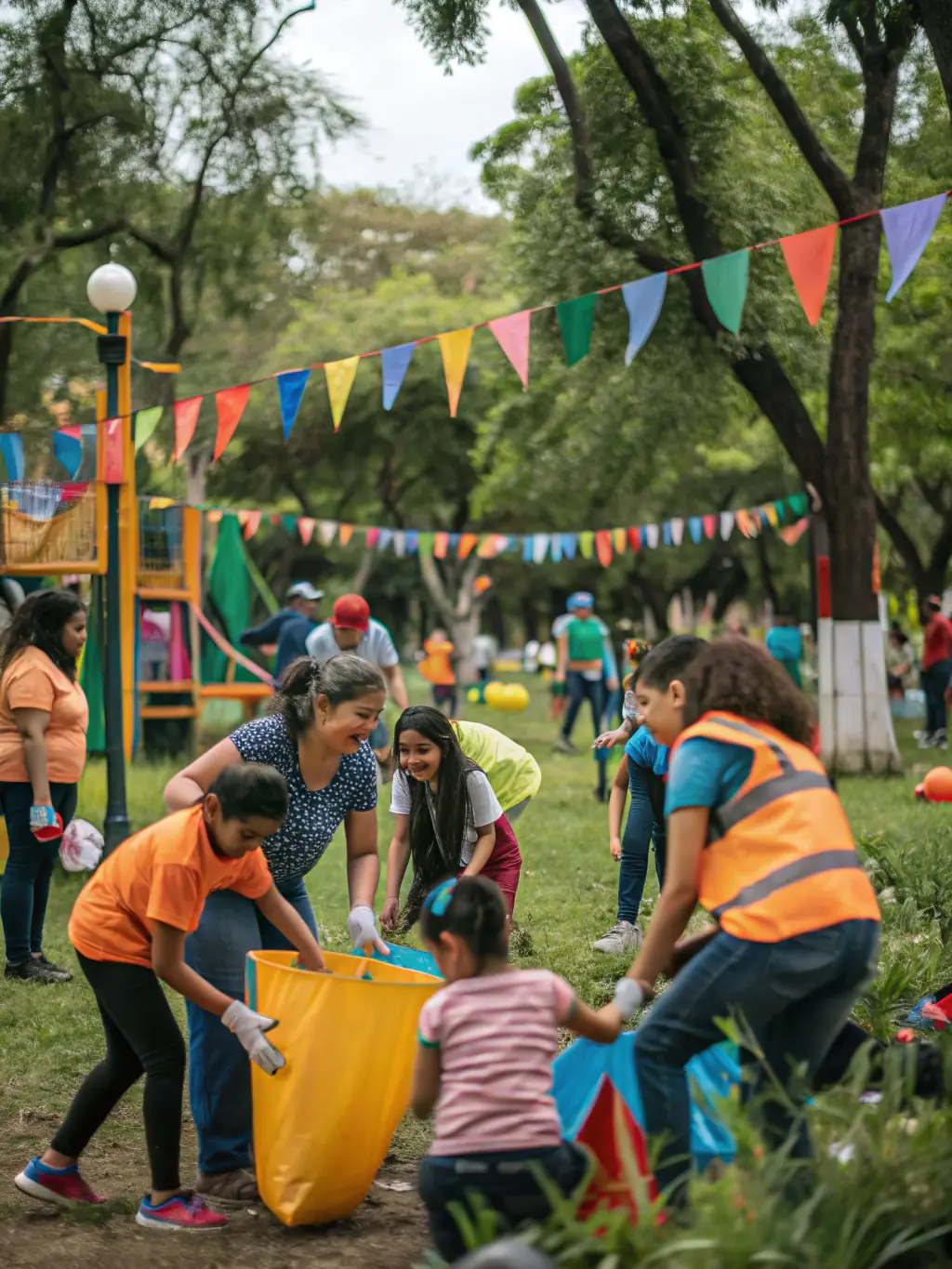 An image of community members participating in a group workshop outdoors, engaging in collaborative activities with smiles and active participation.