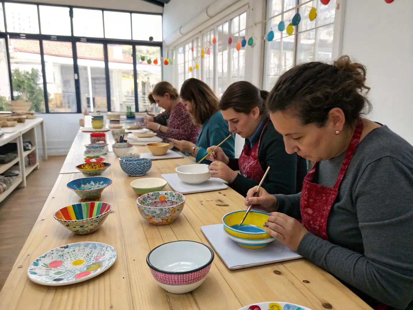 A photograph of a lively art class in session, with participants of different ages engaged in painting and creative expression, reflecting the artistic activities of AMICALE DE CORME ROYAL.