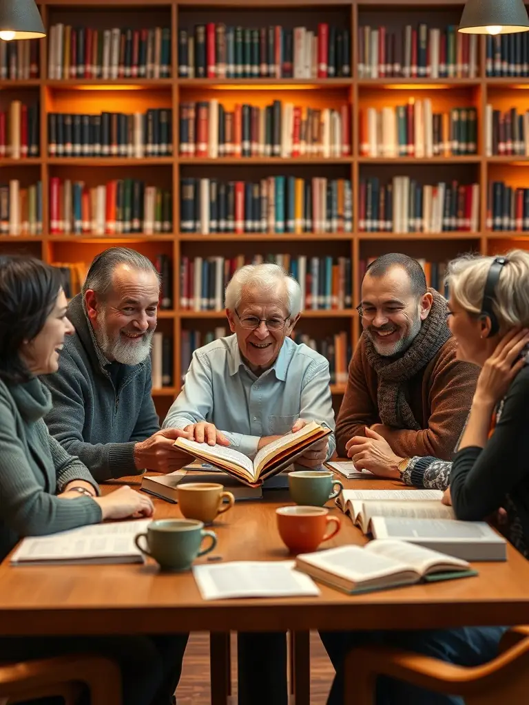 A picture of a group of people engaged in an intellectual discussion, possibly during a lecture or seminar, with books and learning materials visible.
