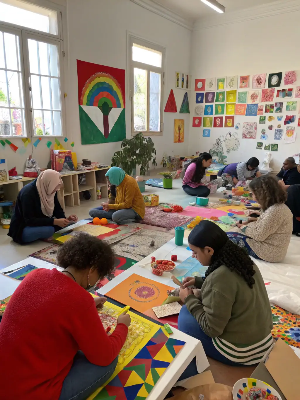 A photograph capturing a vibrant art class in session, with participants of various ages creating colorful paintings and sculptures, showcasing artistic expression.
