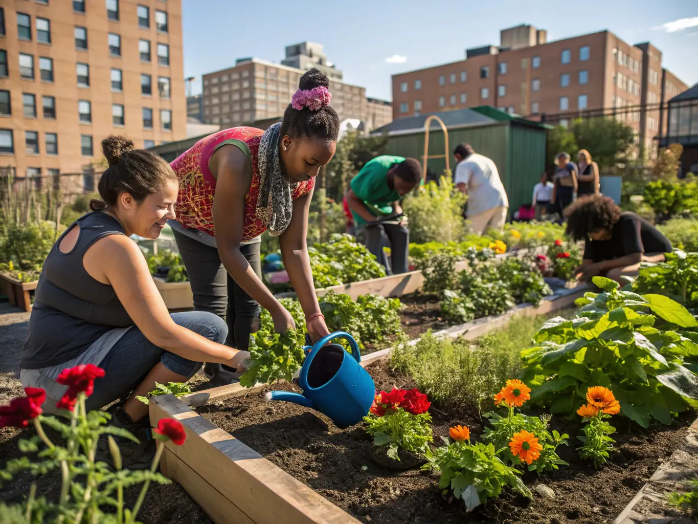 A group of AMICALE DE CORME ROYAL members participating in a community gardening project, planting vegetables and flowers together, symbolizing community engagement and environmental stewardship.