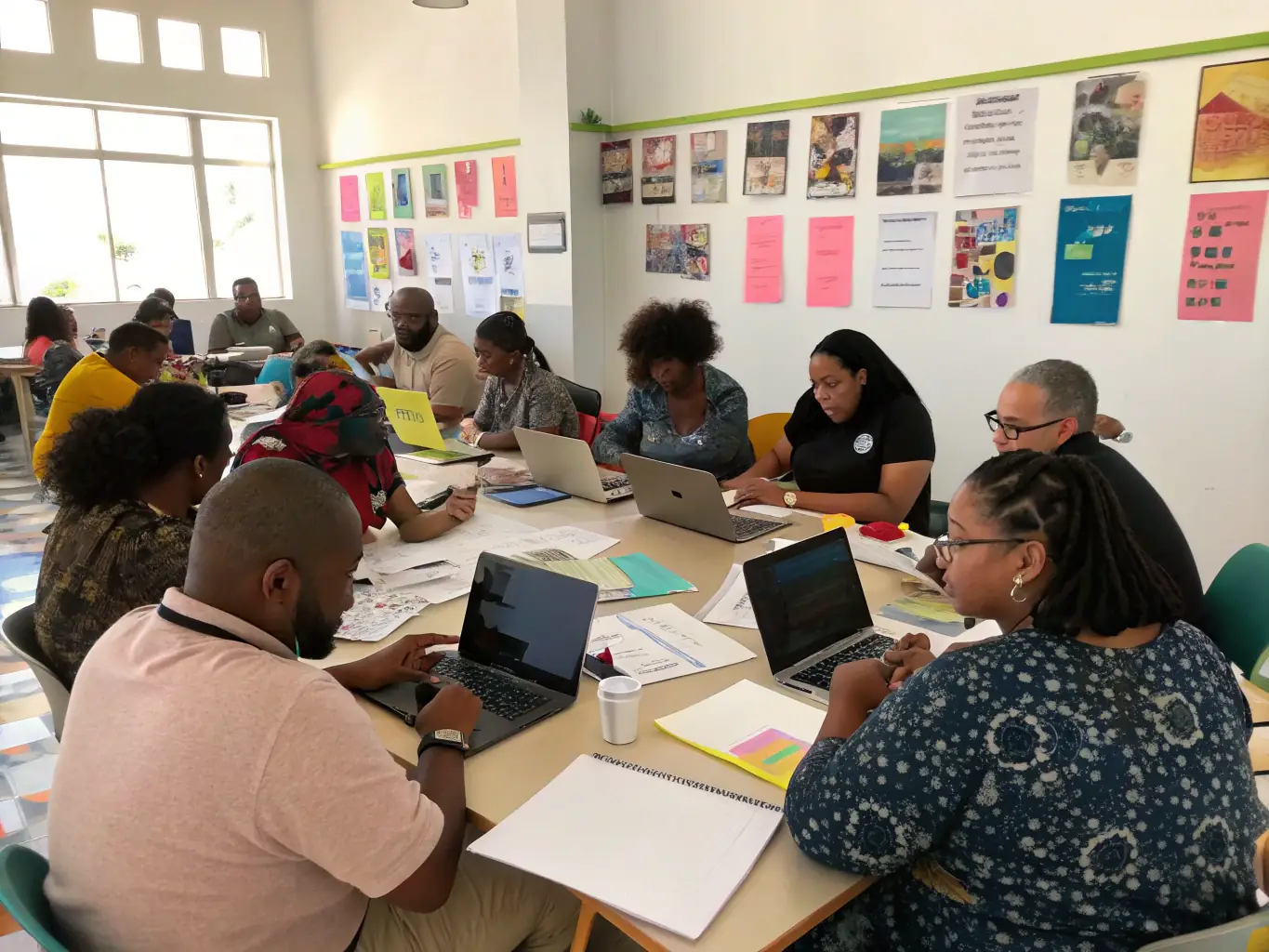 A photograph of AMICALE DE CORME ROYAL members engaged in an intellectual discussion during a workshop, emphasizing learning and development.