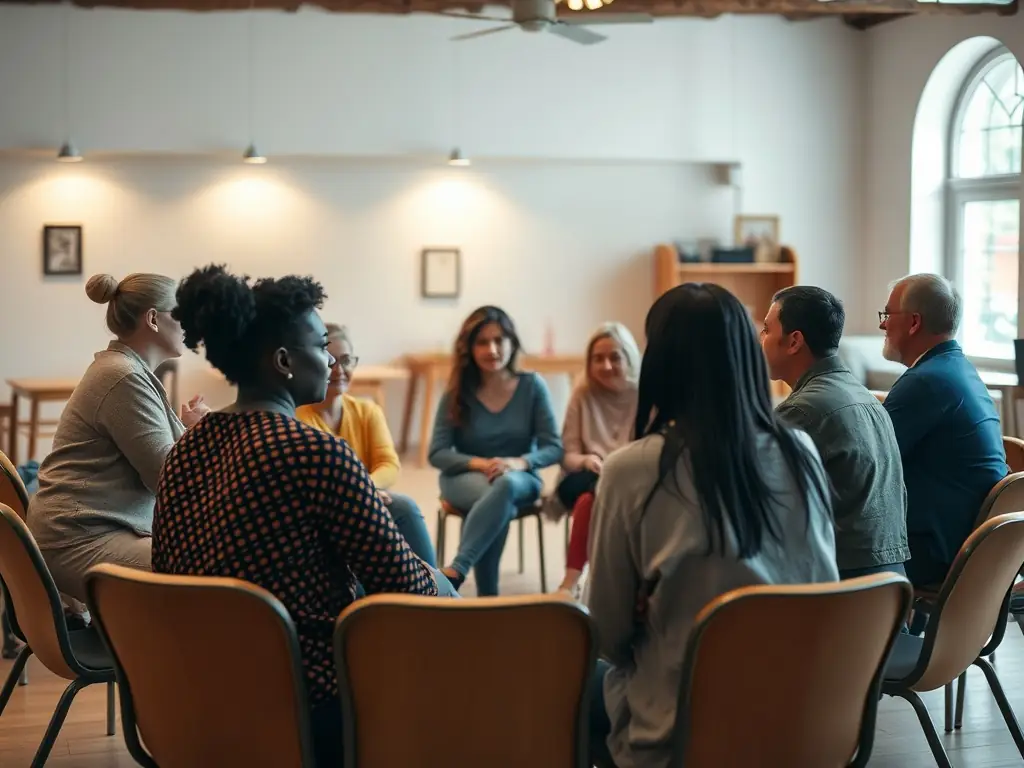 A scene from a moral development session at AMICALE DE CORME ROYAL, showing members engaged in a thoughtful discussion about ethical decision-making and community values.